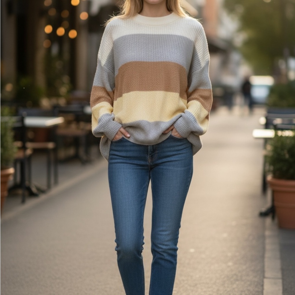 Peace By Piece Cozy Striped Knit Sweater in Neutral Tones•1X-2X